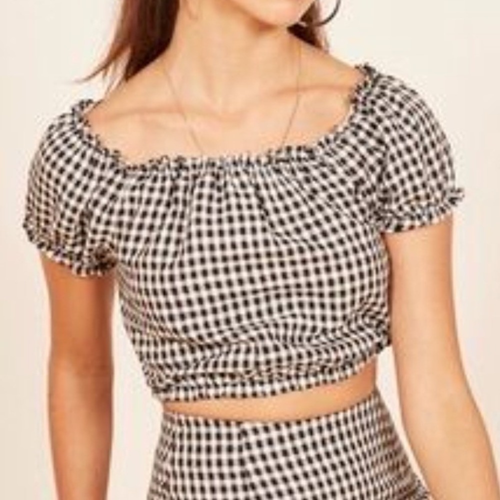 Reformation Black White Gingham Linen Crop Top Puff Sleeve Off Shoulder Medium